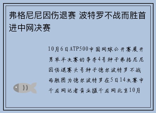 弗格尼尼因伤退赛 波特罗不战而胜首进中网决赛