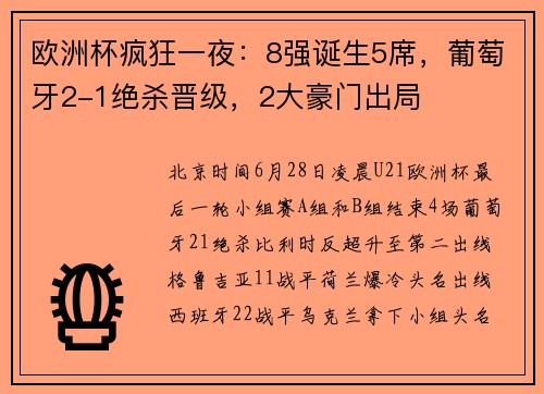 欧洲杯疯狂一夜：8强诞生5席，葡萄牙2-1绝杀晋级，2大豪门出局
