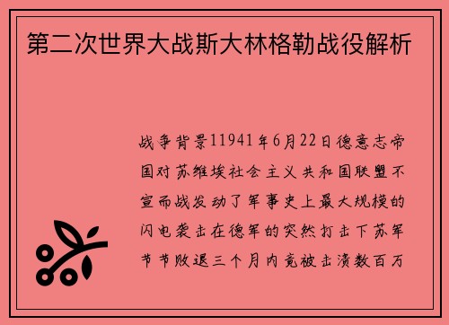 第二次世界大战斯大林格勒战役解析